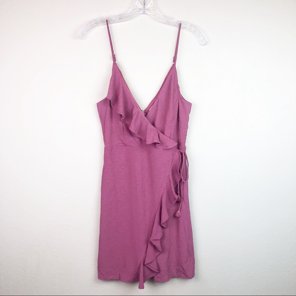 Pink Ruffled V Neck Wrap Mini Sexy Dress